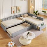 OKWISH Gestoffeerd L-Vormig Bed 90x200 cm – Met Uitschuifbed en Lades – Ruimtebesparend Hoekbed – Kinderkamer en Logeerkamer – Stof – Grijs – Zonder Matras