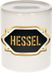 Spaarpot Hessel - wit - met goud/zwart embleem - 8 x 9 cm - keramiek - met afsluitdop - cadeau verjaardag