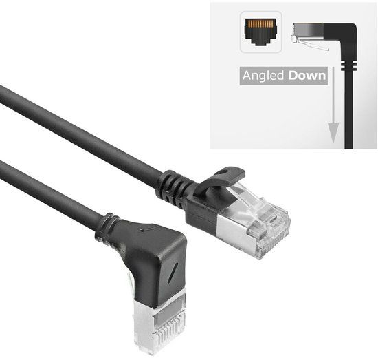 ACT Zwarte 5 m U/FTP CAT6A LSZH Slimline patchkabel met RJ45 connectoren recht naar 90° haaks rechts DA3905