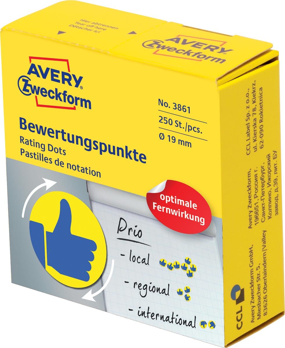 Avery Avery rating dots diameter 19 mm rol met 250 stuks blauw/geel duim
