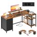 VASAGLE L-vormig hoekbureau met stopcontacten, gaming-bureau, omkeerbare lay-out, verstelbare planken, 4 laden, 2 USB-poorten, werkbureau, 160 x 80 cm, vintage-bruin LWD173KD01