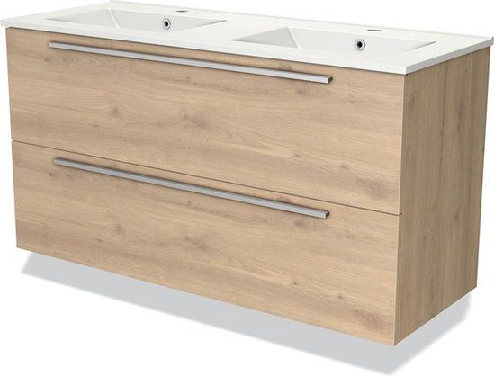 Maxaro Modulo Badkamermeubel - 120cm - Lichtbruin Eiken - Keramiek Wastafel - 2 Lades