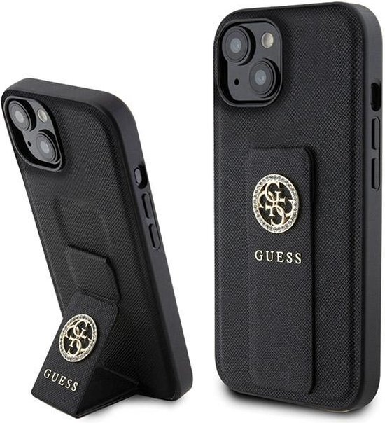 Guess Grip Stand 4G Saffiano Strass case for iPhone 15 - black