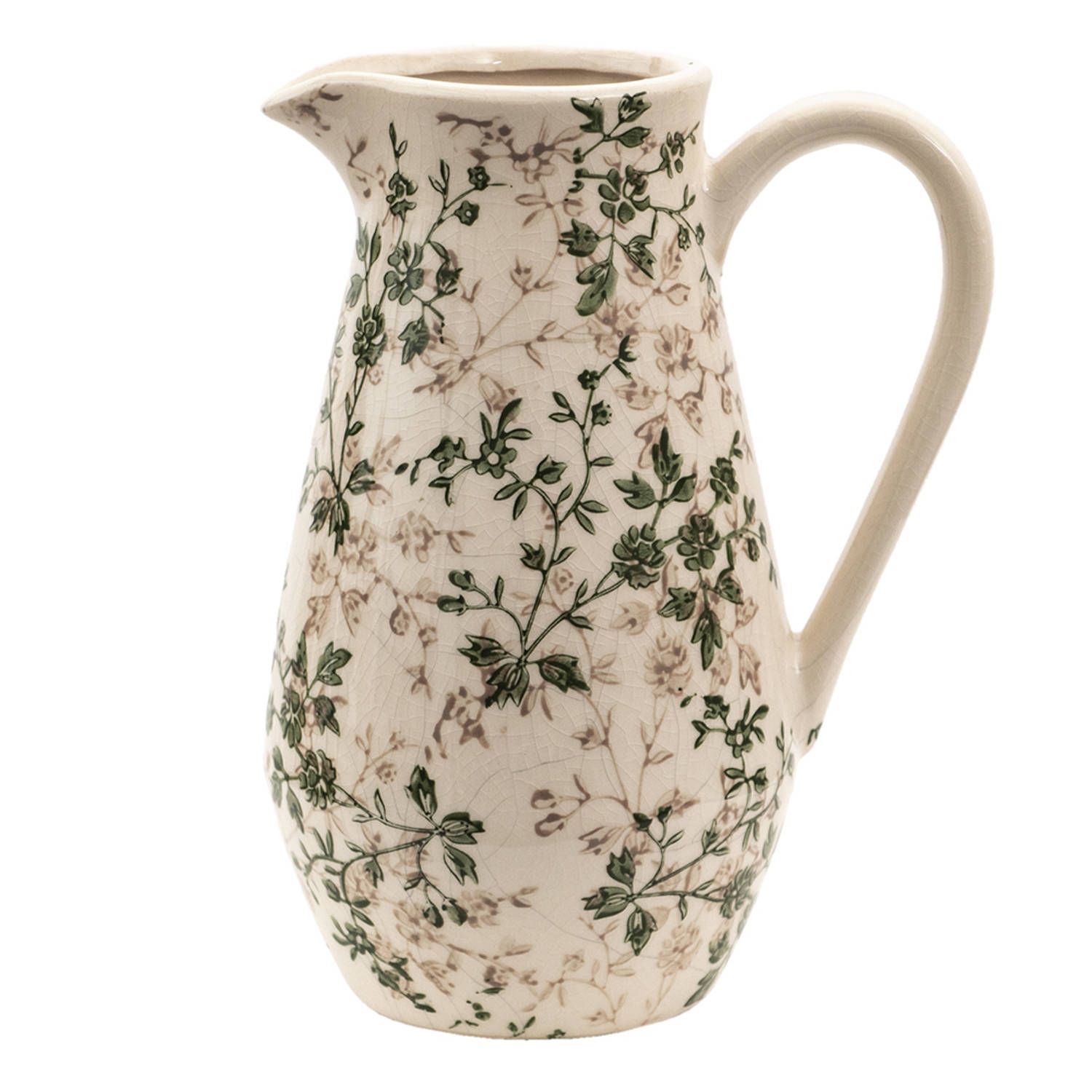 Clayre & Eef decoratieve kan 20*14*25 cm groen keramiek bladeren | Waterkan / schenkkan / vaas