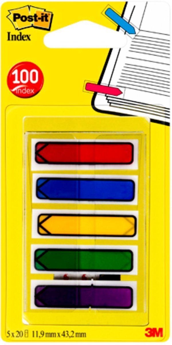 Post-it Post-it® Index Pijltjes, Draagbare Set, Rood, Blauw, Groen, Geel, Paars, 12 x 43 mm, 20 Tabs/Kleur/Dispenser