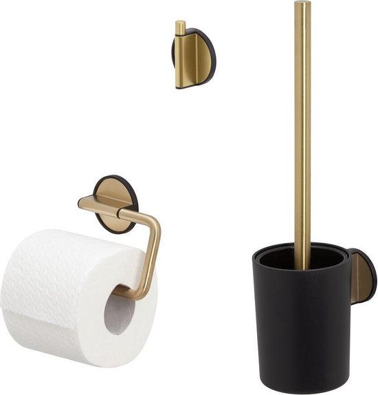 Tiger Tune Toiletaccessoireset - Toiletborstel met houder - Toiletrolhouder - Handdoekhaak - Goud geborsteld / Zwart