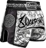 8 Weapons Muay Thai Short Carbon Sak Yant Tigers White