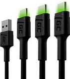 GREEN CELL 3x GC Ray USB-C 120cm kabel met groen LED verlichting, fast charging Ultra Charge, QC 3.0