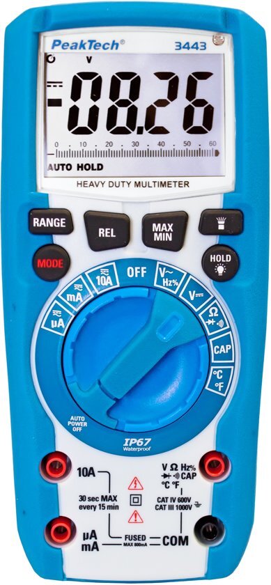 Peaktech 3443: Digitale multimeter ~ 6.000 counts ~ 1000V AC / DC ~ IP67 met verlichte functieknoppen