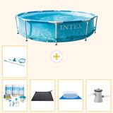 Intex Rond Frame Zwembad - 305 x 76 cm - Waterprint - Inclusief Onderhoudspakket - Solar Mat - Grondzeil - Zwembadfilterpomp - Schoonmaakset - 6-delig