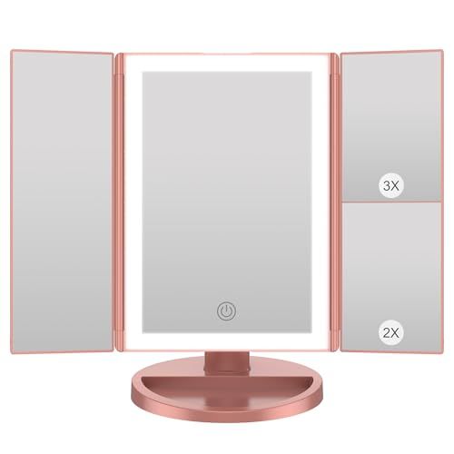 WEILY Make-upspiegel met verlichting, vergrotingsspiegel met 1X/2X/3X, drievoudige led-make-upspiegel met touchscreen, tafelspiegel, USB-houder en batterij (roségoud)