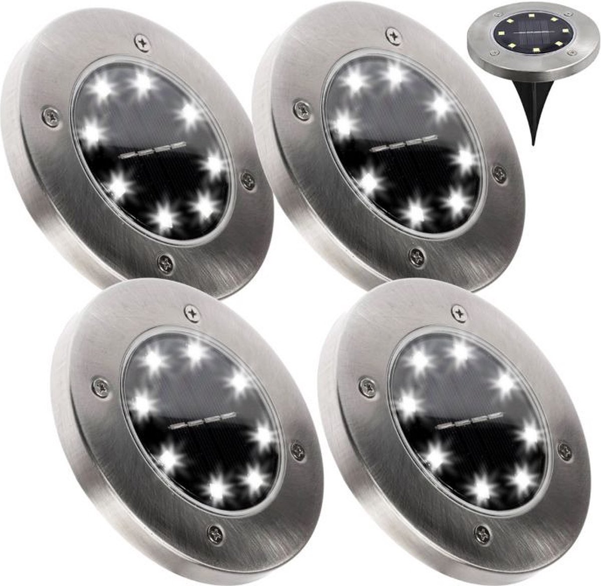 ABC-LED Solar 8 LED grondspot - 0,8 Watt - koud wit - schemersensor - set 4 stuks