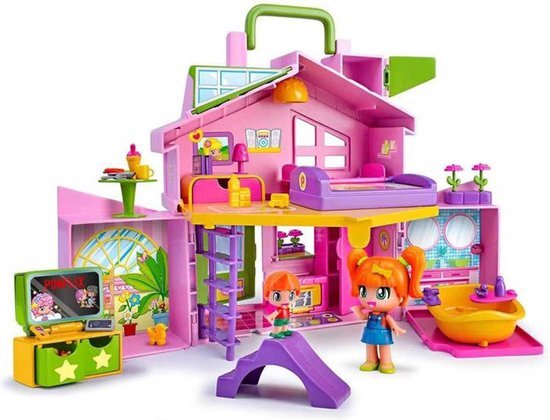 Pinypon - Huis roze koffer, poppenhuis, opvouwbaar, groot, met veel verschillende kamers en accessoires van het dagelijks leven, voor montage van een stad van minipoppen, +4 jaar, Famosa (700017012)