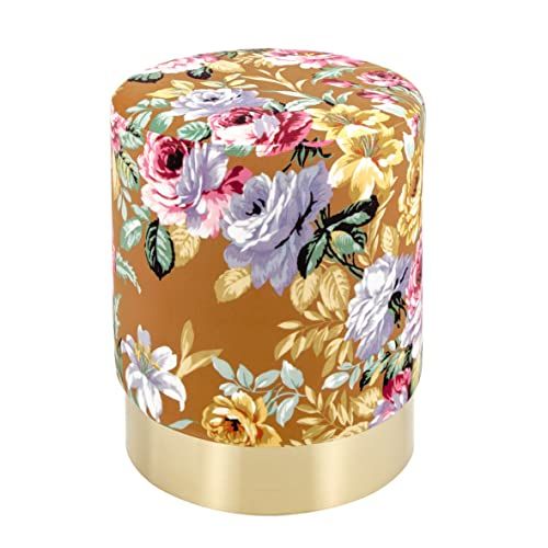 Baroni Home Cilindrische zitzak van fluweel met gouden basis, kleurrijke bloemen, cognac, 35 x 35 x 42 cm