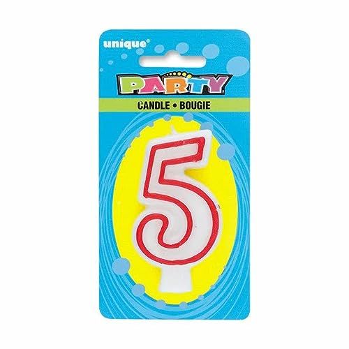 Unique Party - Birthday Candle Number 5 - 13.8 cm | Red Border | White