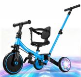 vélo d'apprentissage 5-en-1, avec roues lumineuses, barre de poussée, bleu