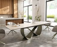 DELIFE Table à manger Edge 200-300x100 céramique Laminam® Travertino Bianco crème-blanc Infinity métal effet finition titanee extensible