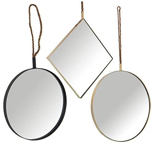 DRW Set met 3 spiegels van metaal en kabelhouder, in goud, 35 x 35 cm, 40 x 40 cm en 50 x 50 cm