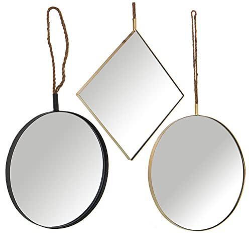 DRW Set of 3 Metal Mirrors with Cable Holder - Gold - 35x35cm, 40x40cm, 50x50cm