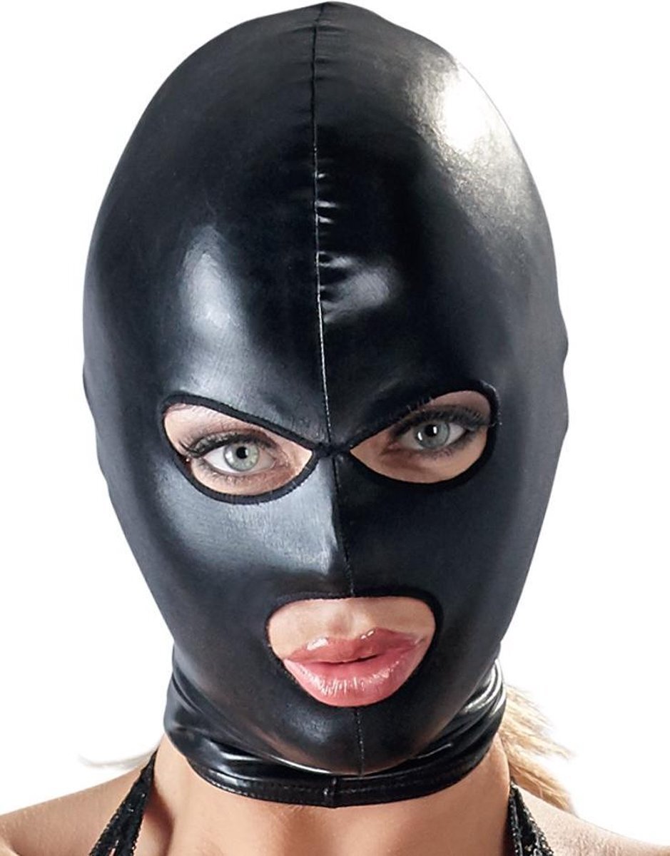 Bad Kitty Hoofdmasker - erotisch hoofdmasker met oog- en mondopening voor vrouwen, nauw aansluitend masker in wetlook, zwart