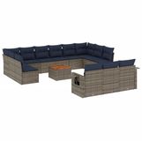 vidaXL 14-delige tuinbankset met kussens, grijs, polyrotan