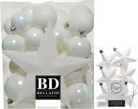 Decoris Kerstversiering kunststof kerstballen en hangers - parelmoer wit - 5-6-8 cm - 39x stuks - met ster piek 19 cm