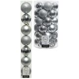 Decoris Kerstballen kunststof zilver - 6-8 cm - 51x stuks - mat en glans - mix formaten - met ophangdraadjes