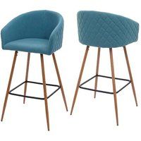 HWC-D72 Set van 2 barkrukken met rugleuning, aanrechtkruk keukenkruk, metaal houtlook, stof/textiel, turquoise