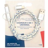 YELLO KOKO 3 in 1 kabel Kami YKCBLKAMIMULTI1M1CW USB-A USB-C Micro USB en Lightning 1 m Wit en Blauw