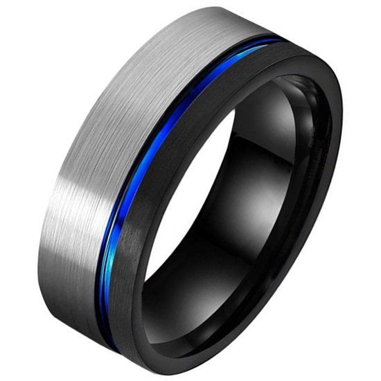 TJ Tom Jaxon Wolfraam heren ring Groef Zilverkleurig Zwart Blauw-22mm