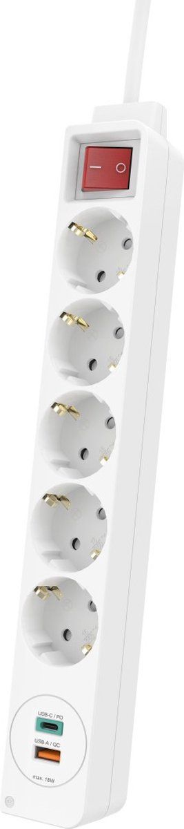 Hama Stekkerdoos, 5-voudig, USB-C/USB-A, PD/Quick Charge™ max. 18W, Wit