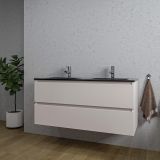 Saniclass Chaci Badkamermeubelset - 120x46x55cm - keramische wastafel zwart - 2 wasbakken - 2 kraangaten - 2 lades - mat cotton (beige)