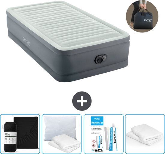 Intex Luchtbed - 1-Persoons - 99 x 191 x 46 cm - Grijs - PremAire Twin Airbed - Inclusief pomp, hoeslaken, kussen, reparatieset en kussenbeschermer