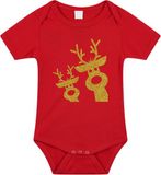 Bellatio Decorations Kerst baby rompertje - rood - glitter goud - rendier - Kerst cadeau 92