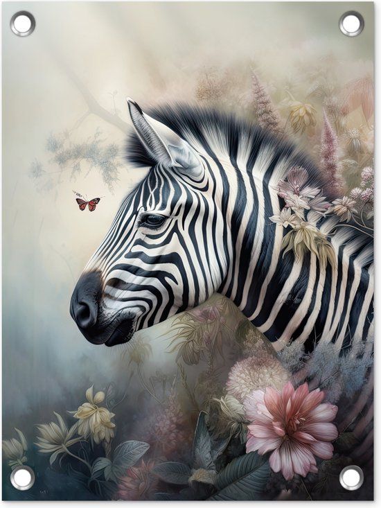 GreatGardenPosters Tuin decoratie Zebra - Wilde dieren - Vlinder - Bloemen - 30x40 cm - Tuindoek - Buitenposter