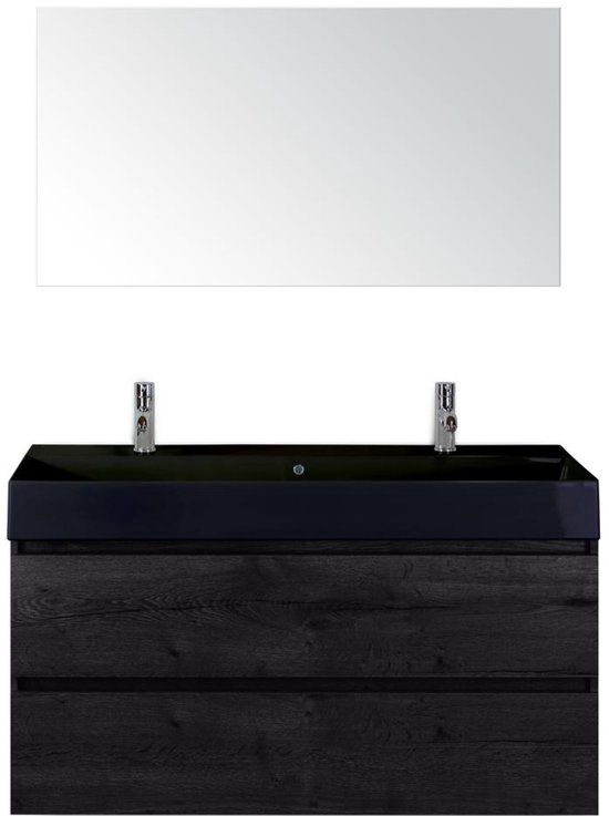 BES LED Maxx XL Badmeubelset 120 cm - Black Oak - Wastafel Kube Enkel Zwart 2 Kraangaten met Spiegel