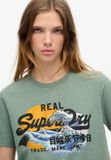 Superdry Tokyo Relaxed T-shirt met vintage logo en print - Dames - T-shirts - Katoen - Korte mouw - Ronde hals - Regular Fit - Casual - Laurel Khaki - Printopdruk