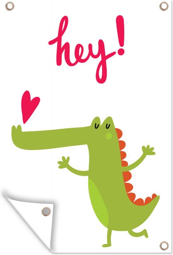 GreatGardenPosters Tuinposter - Illustratie krokodil, hart & quote "Hey!" - 120x180 cm - PVC