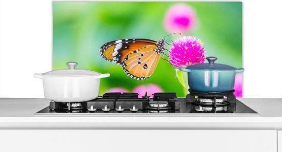 KitchenYeah Spatscherm keuken 80x40 cm - Vlinder - Distel - Bloem - Aluminium