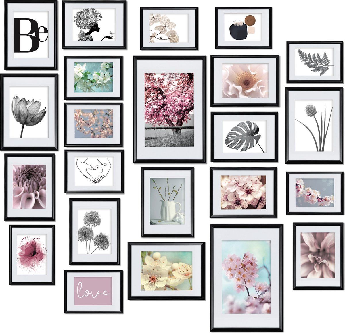 bomoe fotolijst set van 24 fotolijsten - fotocollagelijsten voor fotowand - fotolijstje van kunststof zwart - fotocollage lijsten 10x 10,5x15cm / 8x 13x18cm / 4x 15x20cm / 2x 20x30 - Blossom