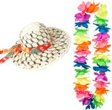 Inconnu Hawaii party verkleedset dames - Carribbean strohoed - bloemenkrans in kleurenmix - Tropical toppers