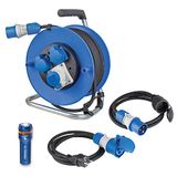 as - Schwabe Outdoor Set, 25 m Kabeltrommel + 2 x Adapter-Leitung 230 V CEE, Schutzkontakt Stecker mit Powerlight Spannungsanzeige und Buchse + Taschenlampe XT1, Made in Germany, Blau/Schwarz I 19600