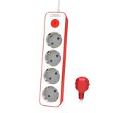 Philips CHP2145R Stekkerdoos met 4 stopcontacten, vergrendeling, 1500 W, gevlochten netsnoer, 1,5 m, hoge weerstand, veiligheidssluiting (led-display), wit/rood