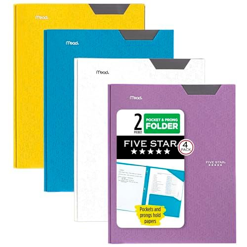 Five Star 2 Pocket Folders - 4 Pack - Plastic with Stay-Put Tabs and Prong Fasteners - Assorted Colors