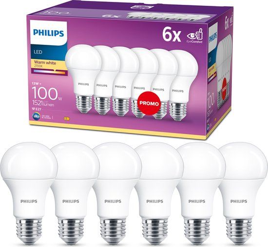 Philips LED Lamp - E27 - 13W - 1521 lm - Warm Wit Licht - 6 stuks