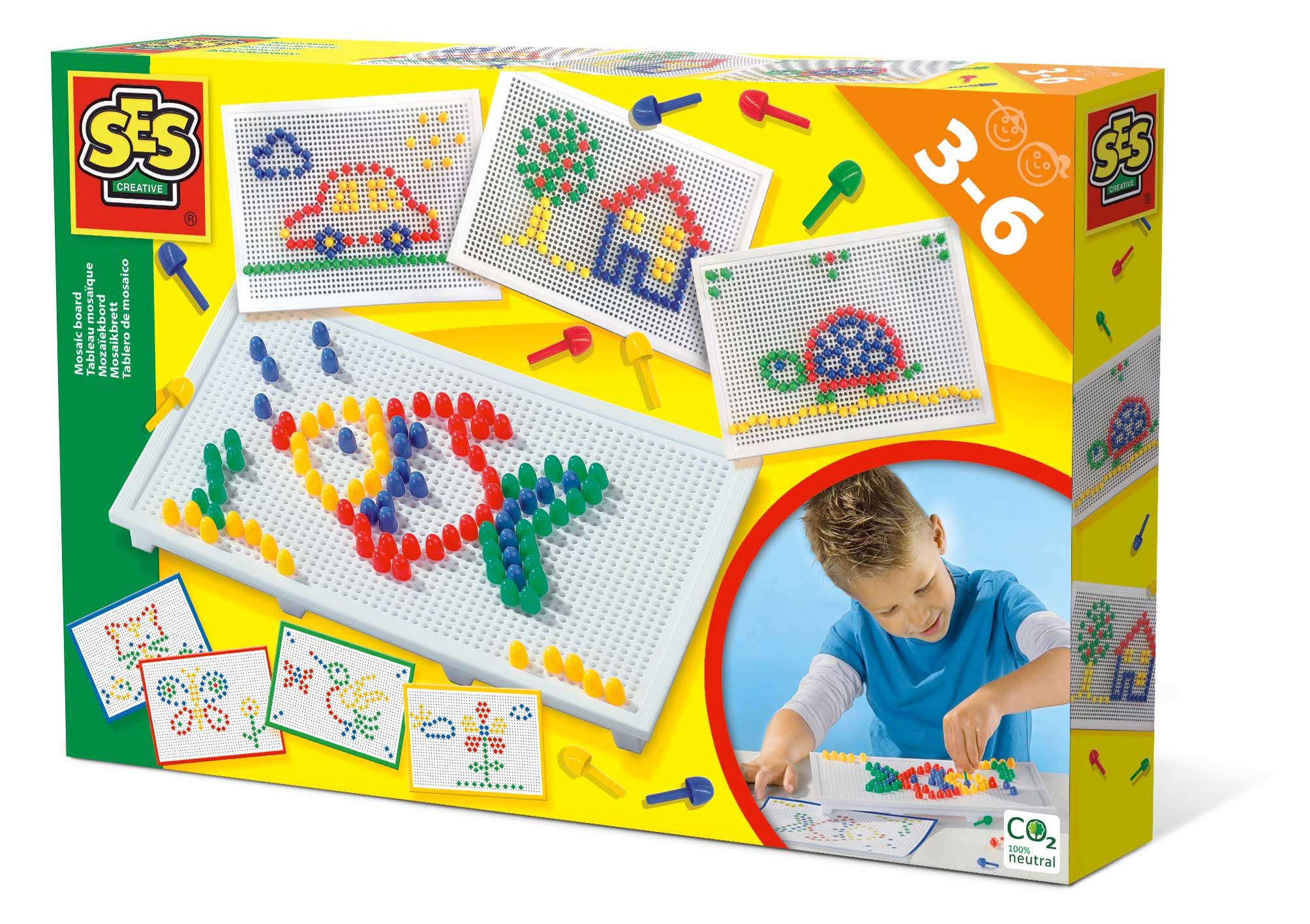 SES Creative Mozaïekbord - Montessori - met gekleurde pinnen en voorbeelden - 3+ jaar