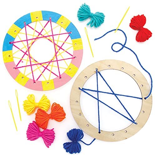 Baker Ross FE535 Houten Weefcircel Decoratieset - pak van 5, Introducerend naaien voor beginners en kinderen. Knutselspullen en knutselprojecten.