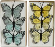 Decoris Decoratie vlinders op draad - 6x stuks - blauw - geel - 6 cm