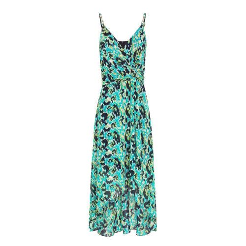 Morgan Semi-Transparent Wrap Dress with All-Over Print and Pleats - Turquoise/Black