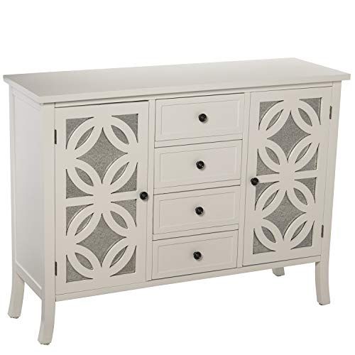 DRW commode met 2 deuren en 4 laden van hout en spiegel in wit, 110 x 37 x 84 cm